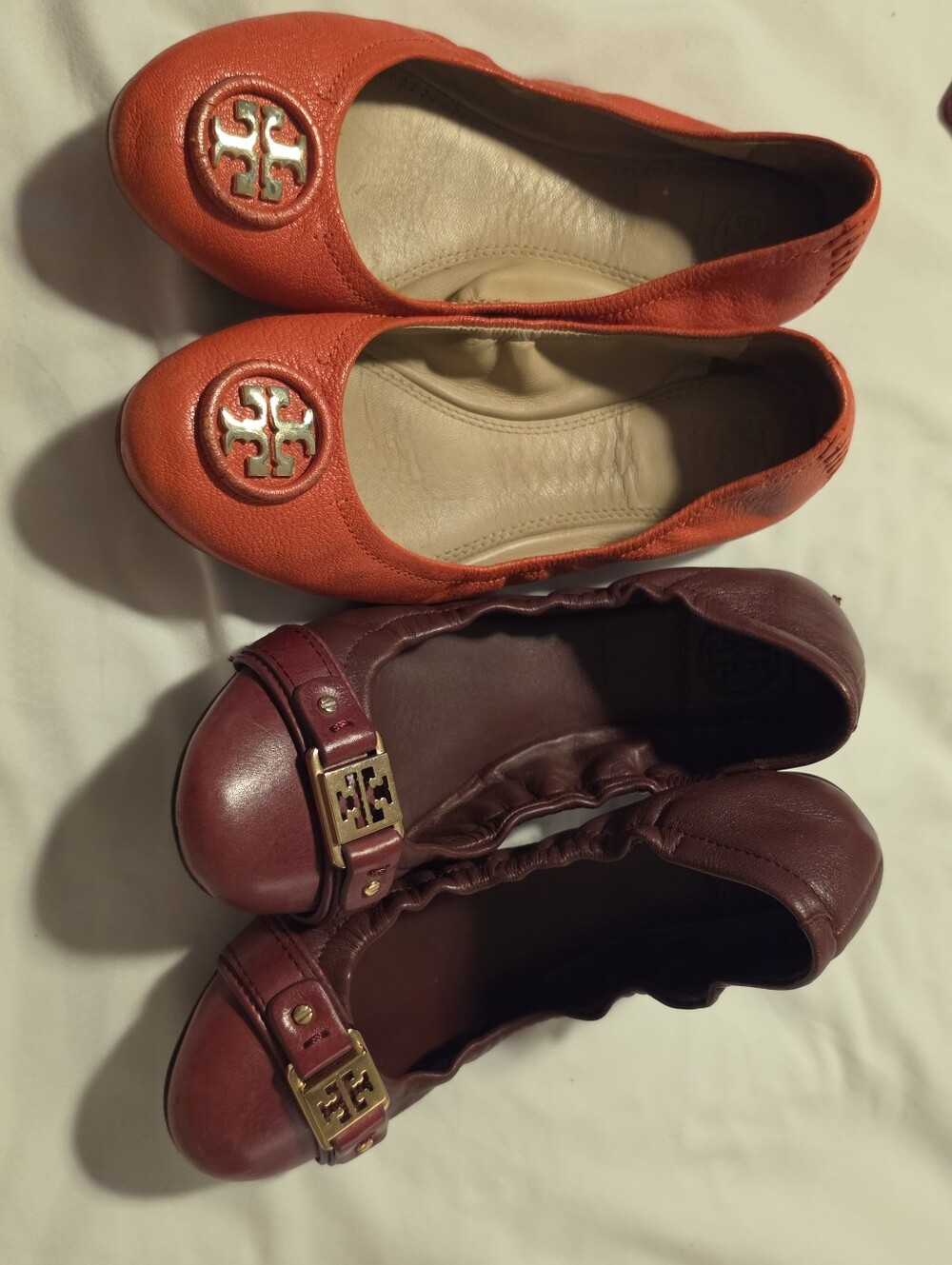 Tory Burch 2 Pair Women's Ballet Flat Shoes Size 7.5 Burgundy And Orange